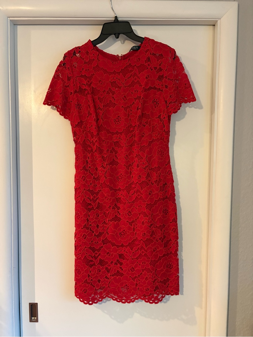 Ralph Lauren Red Lace Short-Sleeve Sheath Dress